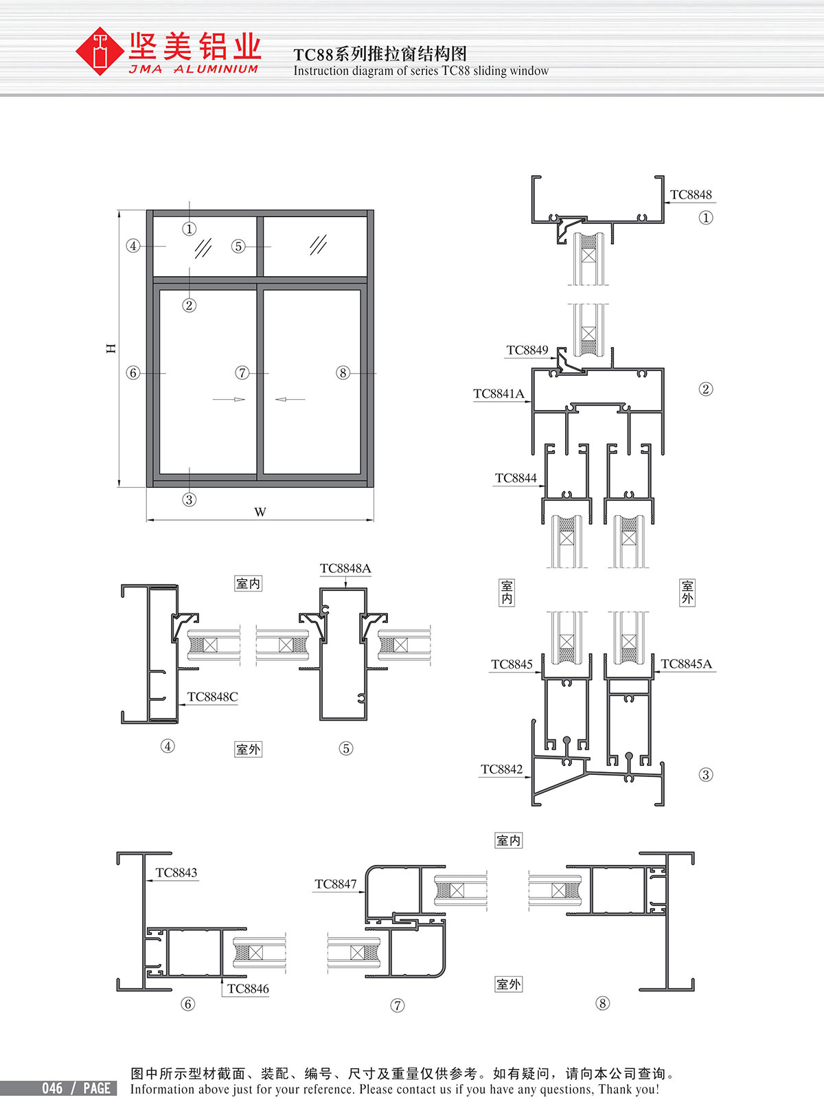 Schéma de structure de la fenêtre coulissante de la série TC88